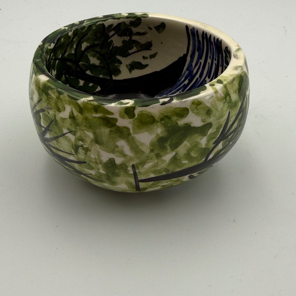 Hand Painted Studio Pottery Bowl Folk Art Forest Figures Green Ceramic 3.25in - Picture 5 of 8